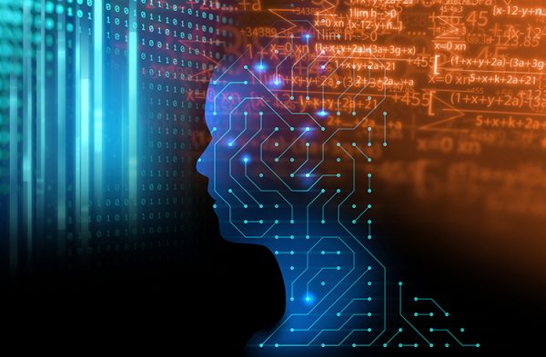 silhouette of virtual human on circuit pattern technology 3d ill