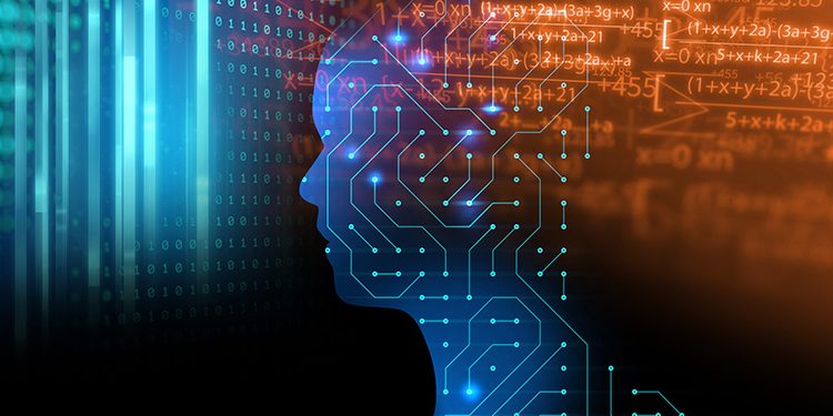 silhouette of virtual human on circuit pattern technology 3d ill
